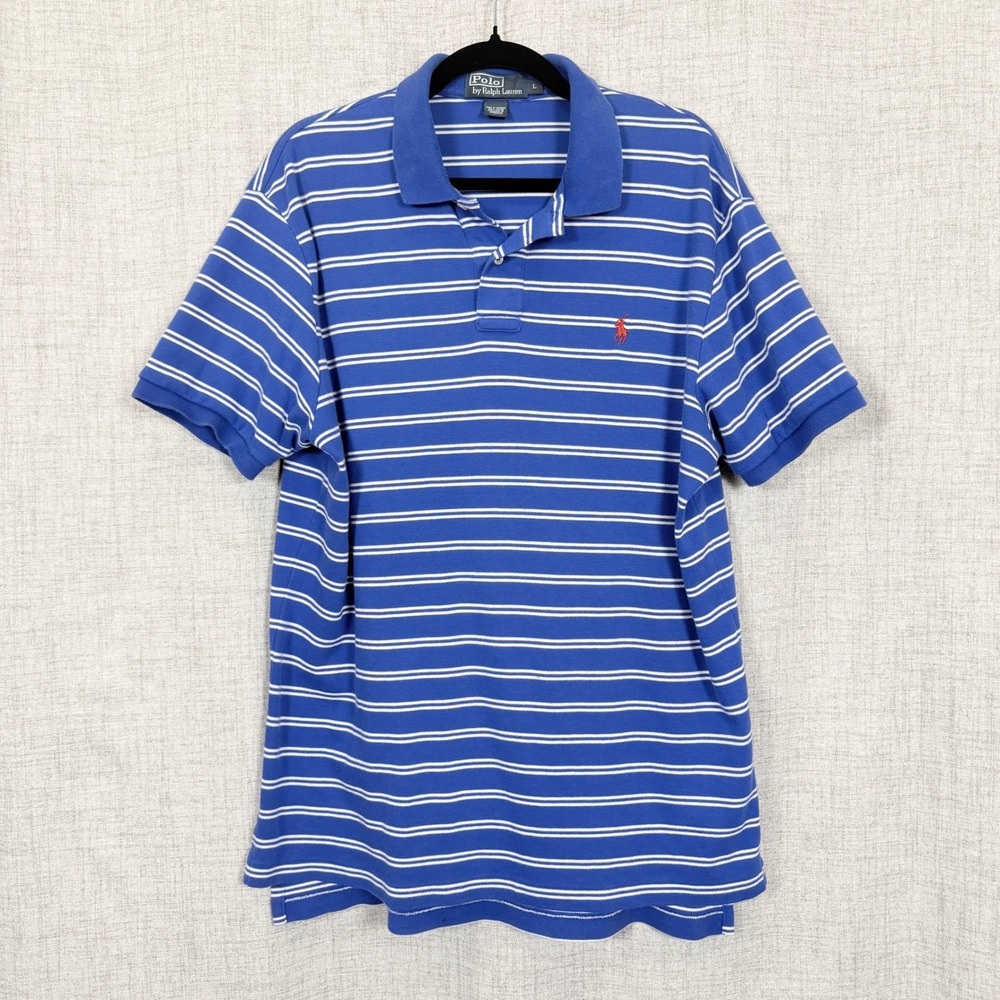 Polo Ralph Lauren Mens Polo Shirt Blue White Striped 100% Cotton L Preppy Pony - Picture 1 of 7